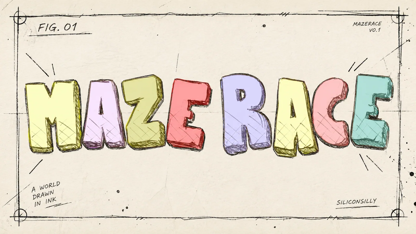 A hand-drawn MazeRace corridor filled with colored pencils and a ruler.